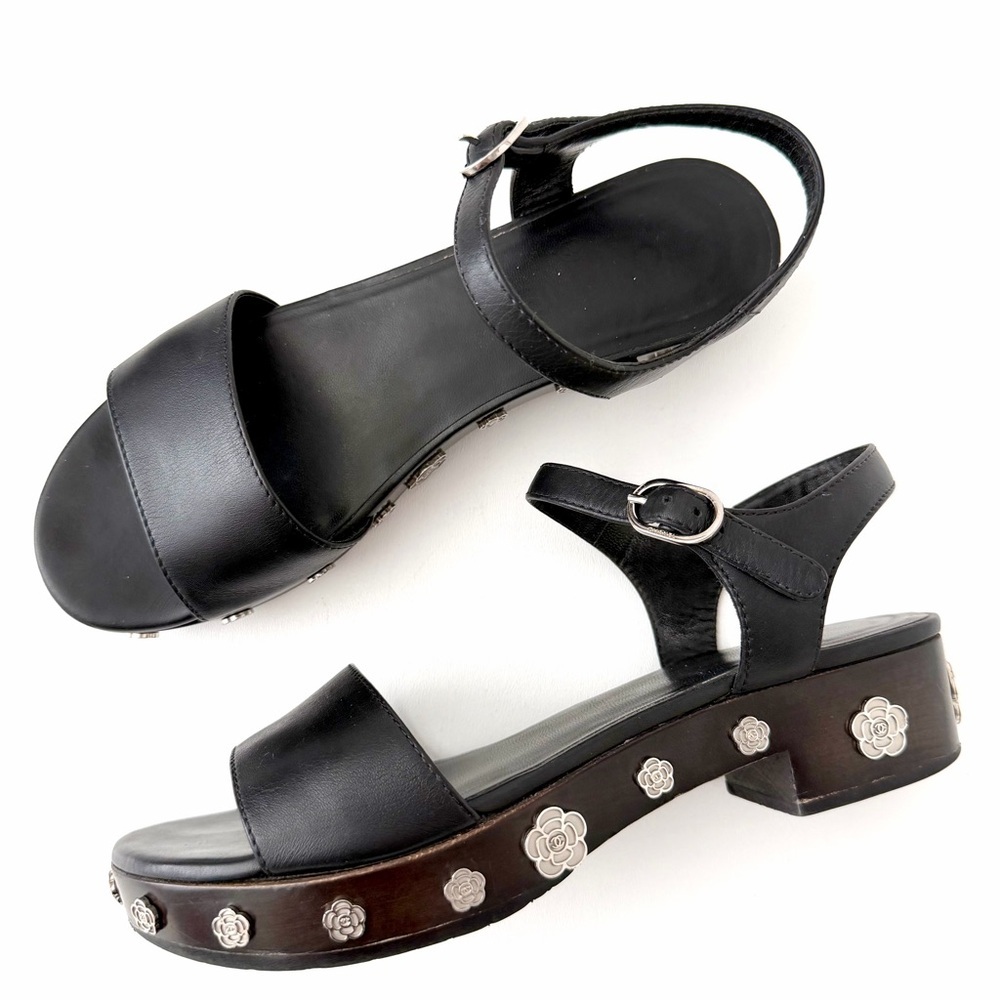 CHANEL | Camellia Logo Wood Platform Clog Sandals Black Calfskin Ankle Strap 39 - Picture 2 of 13